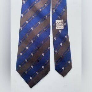 Hermès vintage silk necktie with H Logo blue/brown striped